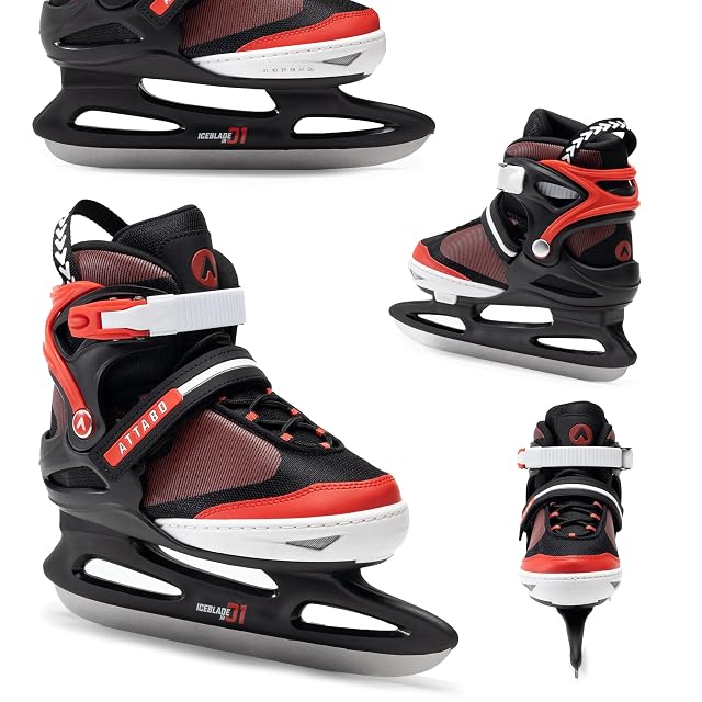 ATTABO Boy verstellbarer Kinderschlittschuh in Schwarz und Rot mit Hockeykufe